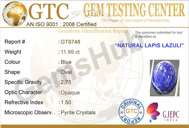 11.99 ct Natural Certified Lapis Lazuli (Lajwart)